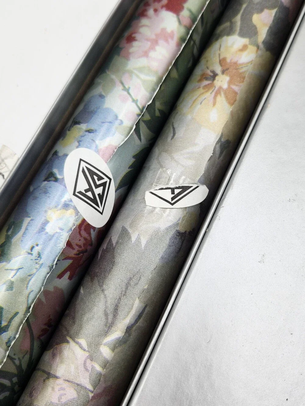 Vintage New Sally FOSTER Silver Floral Roses Wrapping Paper Rolls Card Ribbon